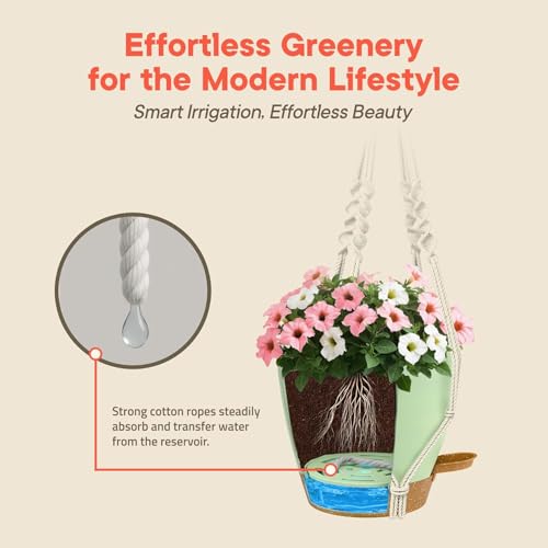 Green Hanging Self Watering Pots with Macrame Ivory Rope, 3 Pack Indoor & Outdoor Hanging Plant Pots with Built-in Reservoir, Wick Rope, Drainage Holes & Hooks, Stylish Boho Decor Hanging Planter - color: Green