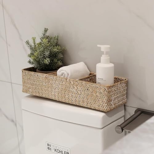 Seagrass Storage Basket for Bathroom, Wicker Toilet Basket Tank Topper, Woven Storage Box for Organizing (Whitewash, 14.6" x 4.7" x 3.1") - color: Whitewash, size: 14.6" x 4.7" x 3.1"