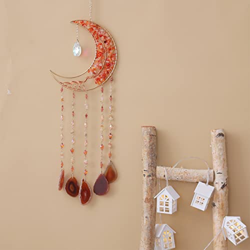 Agate Moon Dream Catchers with Crystal 7 Chakra Gemstone Dream Catchers Color Natural Gem Agate Wall Hangings Room Garden Dreamcatchers Decor (Orange) - color: Orange