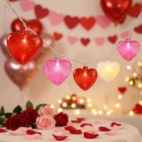8.5ft Valentine’s Day Heart String Lights Plug in, Valentines Lights with 10 LED Red Pink White Shatterproof Bulbs, Fairy Lights for Indoor Outdoor Home Decor Wedding Party Birthday, Warm White - color: Red Pink White Frosted Heart