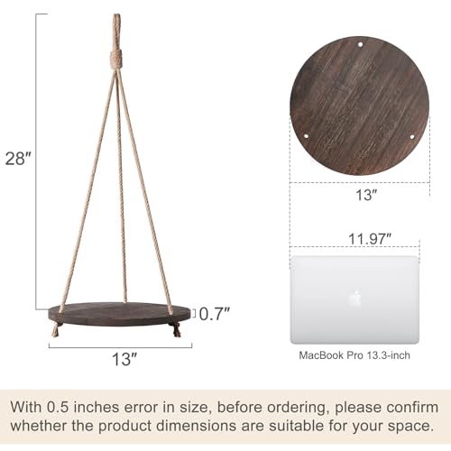 Dahey Hanging Plant Shelf Round Wood Rope Hanging Floating Shelf Vintage Home Decor Display Planter Rack for Living Room Bedroom Kitchen, Dark Brown - color: Brown
