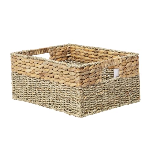 YAHUAN Natural Water Hyacinth & Seagrass Woven Storage Baskets – Wicker Storage Basket Organizer Bins with Handles for Home & Office Pantry Shelf (Large) - color: Large