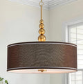 Shrine Lighting Drum Chandeliers, Farmhouse Style, Perfect Drum Pendant Light for Dining Room, D20'' x H7'', Adjustable Chains 59'', E26*3 Sockets, Brown Linen Fabric Lampshade & Gold Rod - color: Brown&Gold D20''