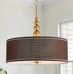 Shrine Lighting Drum Chandeliers, Farmhouse Style, Perfect Drum Pendant Light for Dining Room, D20'' x H7'', Adjustable Chains 59'', E26*3 Sockets, Brown Linen Fabric Lampshade & Gold Rod - color: Brown&Gold D20''