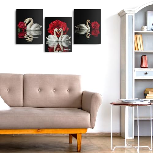 3 Pcs Romantic Swans Red Rose Canvas Wall Art, Animal Swan Wall Decor Framed Prints for Home Bedroom Living Room Office Apartment Decor, Housewarming Gifts 11.5x15 Inch - color: Multi 1366