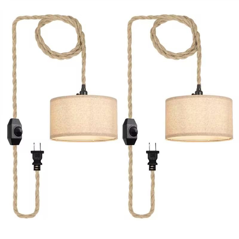 2 Packs Plug in Pendant Lights Fabric Hanging Lamp Kit with Dimmable Switch 15 Ft Long Hemp Rope Farmhouse Pndant Light Cord Lighting Fixture DIY Hanging Light - size: 2 Light Fabric