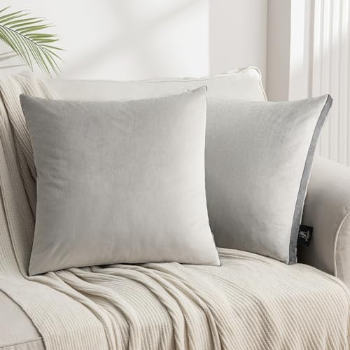 Phantoscope Pack of 2 Velvet Throw Pillow Covers, Decorative Soft Velvet Pillows Accent Double-Sided Gusseted Design, Square Cushion Case for Couch Sofa Bed, Light Grey, 18 x 18 inches 45 x 45 cm - color: Light Grey