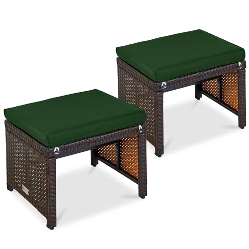 Best Choice Products Set of 2 Wicker Ottomans, Multipurpose Outdoor Furniture for Patio, Backyard, Additional Seating, Footrest, Side Table w/Removable Cushions, Steel Frame - Midnight Green/Brown - color: Midnight Green/Brown