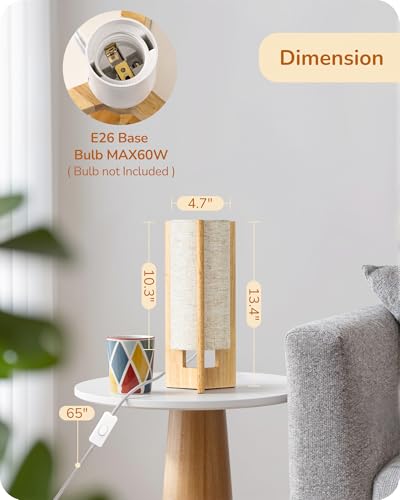 EDISHINE Small Wood Table Lamp, 13.5" Modern Bedside Lamp, Beige Linen Shade, Natural Wood Cylinder Nightstand Lamp for Bedroom Living Room, On-Off Line Switch, E26 Base (Bulb Not Included) - color: Natural Wood Color