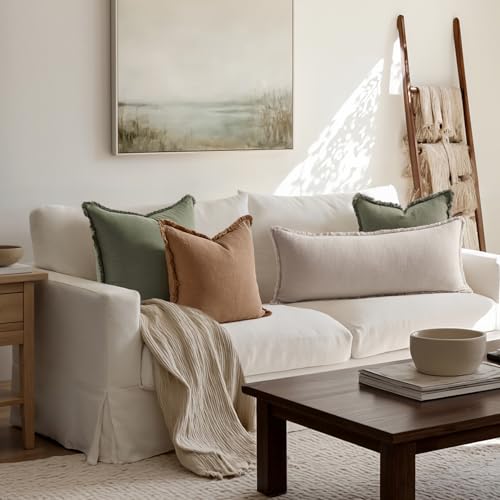MIULEE Decorative Throw Pillow Covers Neutral Linen Fringe Throw Pillows Set of 1 Natural Beige Boho Farmhouse Cushion Covers for Couch Sofa Bed Living Room Spring Home Decor 14x36 Inch - color: Natural Beige