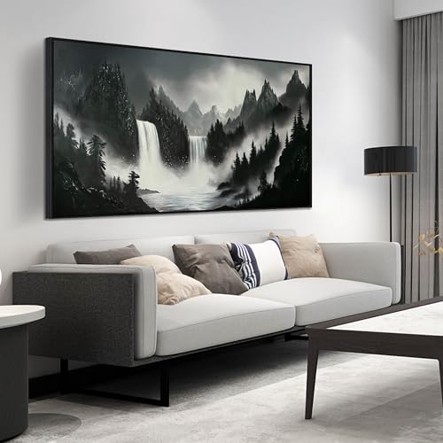 HUBOSKN Hand Painted Mountains Painting for Living Room - Waterfall Canvas Wall Art for Office - Large Framed Wall Art Bedroom Size 29" x 59" - color: Black and White, size: 59"L x 29"W Framed