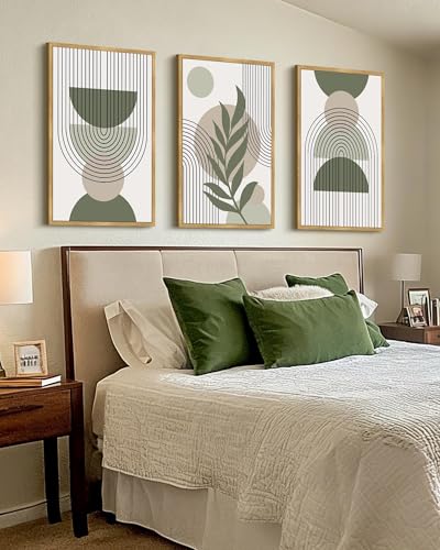 Drsoum 24x36in Large Boho Wall Art Green Sage Decor Framed Wood Modern Bohemian Abstract Geometry Canvas Prints Ready to Hang for Bedroom - color: green boho decor, Natural Framed, size: 24" x 36"