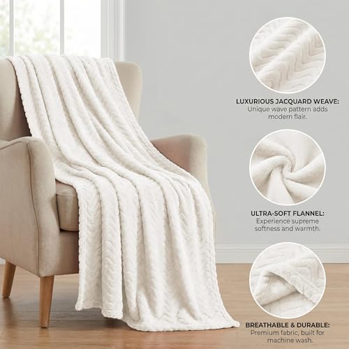 Exclusivo Mezcla Fleece Throw Blanket for Couch, Lightweight Jacquard Bed Blanket for Spring Summer, Soft Cozy Breathable Throws, Ivory, 50x70 Inches - color: Ivory, size: Throw ( 50x70 IN )
