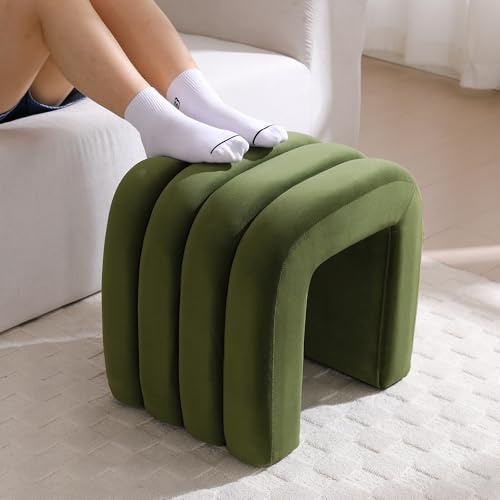 ONEVOG Velvet Pouf Ottoman, Olive Green Foot Rest for Couch 18 inch Cute Vanity Chairs for Makeup, Sturdy Frame, Living Room Decor, Upholstered Footrest for Dorm, Bedroom - color: Olive Green