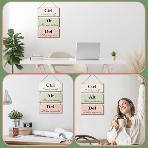 Qunclay 3 Pcs Office Wall Decor Boho Leaves Wood Rustic Hanging Cubicle Decor Summer Inspirational Ctrl Alt Del Sign Decoration for Bathroom Indoor Home Living Room - color: Boho, style: Leaves