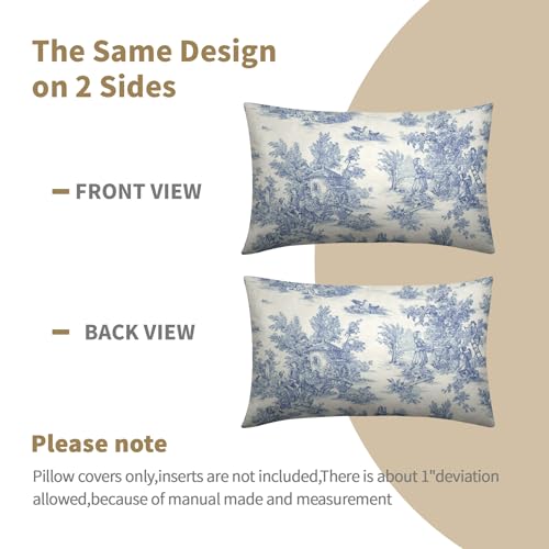 Blue Toile Pillow Covers 12x20 Inch Set of 2 Navy Blue and Beige French Country Cotton Linen Decorative Throw Pillow Case Cottage Vintage Cushion Cover for Bedroom Sofa Living Room Chair Home Decor - color: French Country Blue, size: 20" x 12" (Pack of 2)