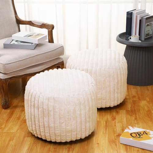 Teenyyou 2 Pcs 20 x 15 Inch Unstuffed Pouf Cover Ottoman Foot Rest - No Filler, Faux Rabbit Fur Foot Stool Floor Bean Bag Floor Chair Storage for Living Room Bedroom Home Decor(Beige) - color: Beige, size: 20 x 15 In