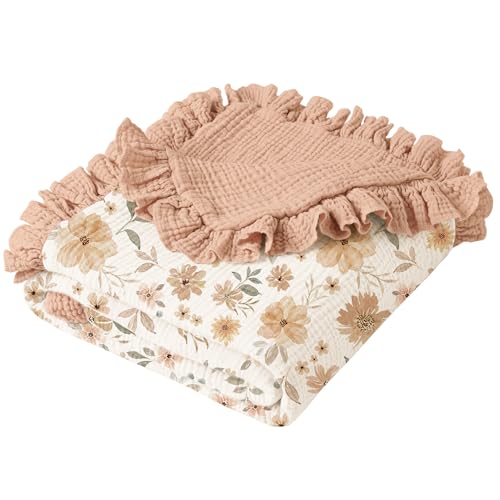 Konssy Flounce Muslin Baby Blanket for Girls Boys, 100% Cotton Soft Crib Swaddle Blankets, Reversible & Breathable Nursery Bedding for Newborns Toddlers, 43x39 Inches (Flourish) - color: Flourish, size: 43"x39"