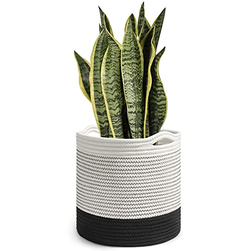 Jute Rope Plant Basket Hand Woven Flower Pot Basket for 6" Flower Pot Floor Indoor Planters Modern Storage Organizer Foldable Basket Rustic Home Decor White Stitching Black H6 3/4" x W6 1/2"