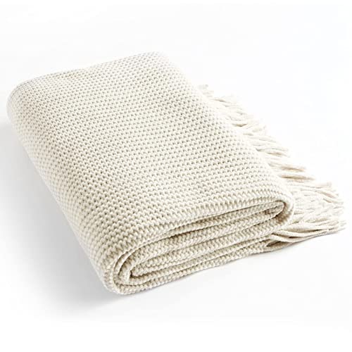 Blagic Knitted Throw Blanket for Couch Soft Farmhouse Boho Throw Blanket with Tassels Home Decorative Lightweight Throw Blankets,Cream White Throws for Bed/Chair/Sofa, Stripe Textured, 60" W x 80" L - color: J-creamy White, size: 60 × 80 in
