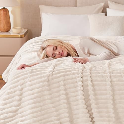 EXQ Home Fleece Blanket Queen Size for Couch or Bed - 3D Stripe Jacquard Decorative Blankets - Cozy Soft Lightweight Fuzzy Flannel Blanket Suitable for All Seasons(90"×90",Beige) - color: Beige, size: Queen