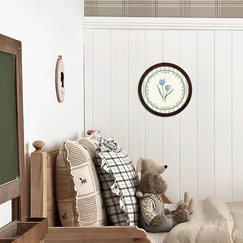 PeakClub Floral Bathroom Wall Decor, Sage Green Blue Tulip Cottagecore Round Wooden Wall Art for BathroomHome Living Room 10x10 Inch - color: Floral - Blue