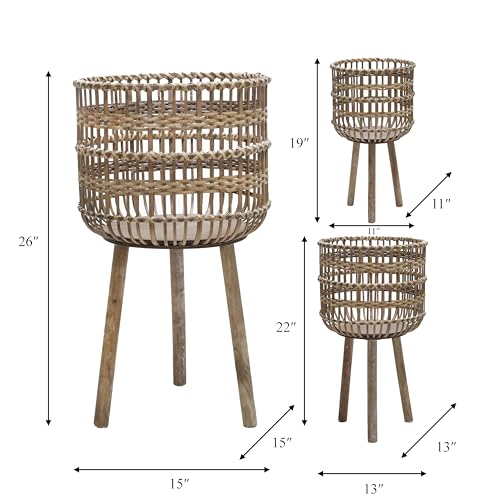 Sagebrook Home Set of 3 Wooden Planter Stands Bamboo Decorative Flower Pots for Indoor Outdoor Use, Rustic Woven Plant Holders with Legs for Home & Garden Decor, 19", 22"& 26" H - color: Woven Brown, size: 26" H