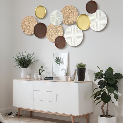 Yuntau 11 Pcs Boho Metal Wall Decor Rattan Golden Wall Art with Boho Basket Macrame Hanging Decor Rustic Farmhouse Artwork for Home Living Room Bedroom Office White Brown Decorations