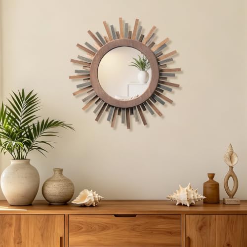 12 Inch Boho Sunburst Mirror, Decorative Rustic Farmhouse Wall Decor for Living Room, Bedroom, Bathroom, Hallway - Tricolor Wood Frame - color: Trilcolor, size: 12"L x 12"W