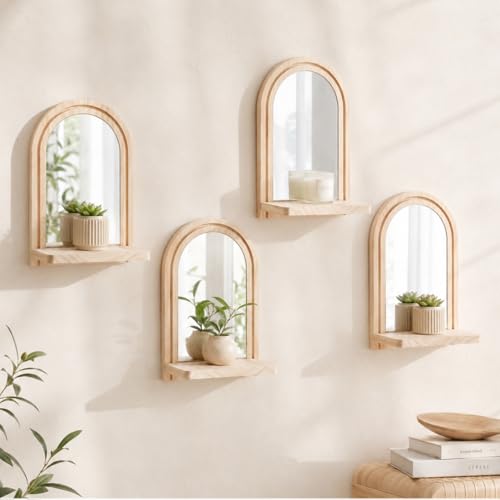 Artilady 4 Pack Wood Floating Shelves Boho Decor, Farmhouse Wall Mounted Mirror Wall Art for Living Room Bathroom Bedroom, Candle Crystal Plant Shelf (Beige Mirror 1) - color: Beige Mirror 1
