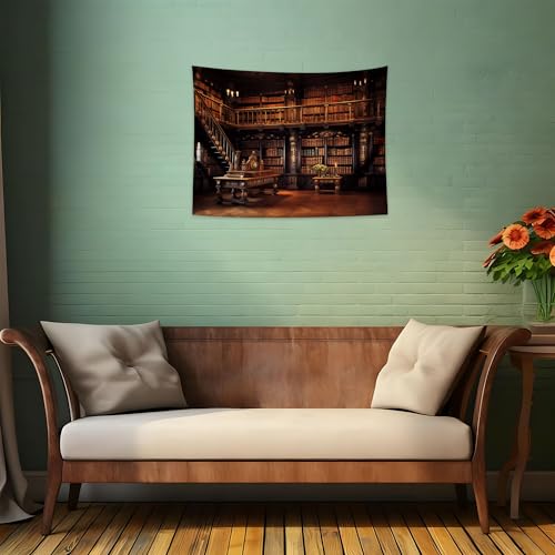 QGHOT Medieval Bookshelf Tapestry Vintage Library Bookcase Tapestry Wall Hanging Victorian Office Zoom Video Backdrop Old Books for Study Room Bedroom Living Room Decor 37.4" x 28.7" - color: H, size: 28.7"L x 37.4"W