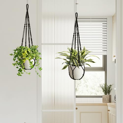 LEWESU Macrame Plant Hanger Indoor Set of 4 with 8 Hooks, Indoor Outdoor Hanging Planter for Plants Holder with Decorative Wood Beads & No Tassels, Boho Home Decor, 35 Inch Black (Pots Not Included) - color: Black, size: 35" Set of 4