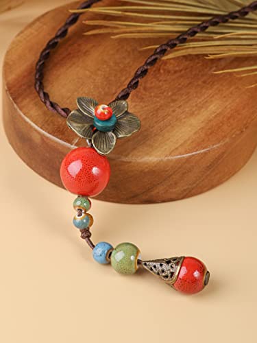 MINACHI Vintage Bohemian Colorful Ceramic Bead Antique Flower Y Necklace, Vintage Boho Hippie Statement Jewelry Gift for Women - color: S01B