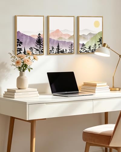 KUVIOKE Mountain Landscape Framed Wall Art Watercolor Nature Painting Boho Sun Rise Prints Farmhouse Rustic Home Decor Ready to Hang 11x14in (Natural Framed) - color: Color Sunrise Forest, size: 11 x 14in x 3 Panels Natural
