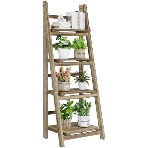 Ladder Shelves - Folding Wooden Ladder Bookshelf, 4-Tier Retro Plant Stand Storage Shelves for Home Living Room, Light Brown - color: Light Brown