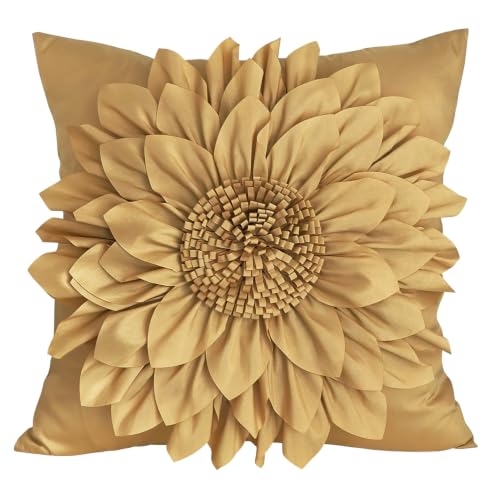 Bella's Giftshop 3D Sunflower Decorative Throw Pillow Covers for Bed Sofa Couch Car, Accent Floral Taffeta Cushion Cover, Handmade Pillow Cases Living Room Decor, 17x17 Inch-Gold - color: Gold