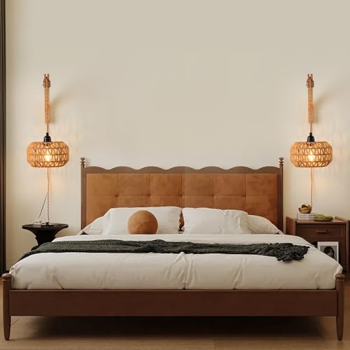Plug in Wall Sconce,Farmhouse Wicker Wall Lamp Plug in,Hand Woven Rattan Wall Light Farmhouse Rustic Boho Sconces Wall Lighting for Living Room Bedroom - color: Wall Sconces, size: 1 PACK