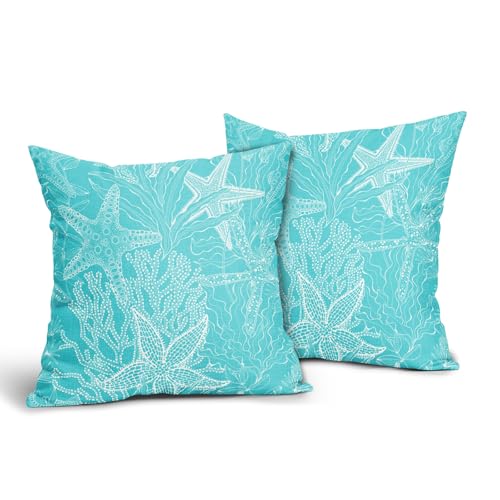 Aqua Blue Nautical Pillow Covers 16x16 Inch Set of 2 Coastal Beach Themed Starfish Cotton Linen Decorative Throw Pillow Case Beachy Outdoor Cushion Covers for Bedroom Sofa Living Room Chair Decor - color: Beach Aqua Blue, size: 16" x 16" (Pack of 2)