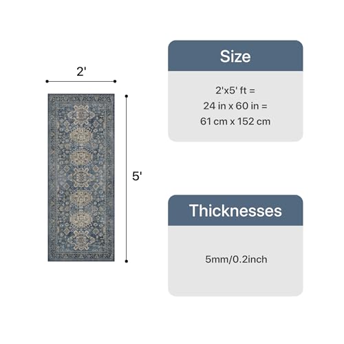 Bavni Washable Runner Rug 2x5, Non Slip Vintage Hallway Runner, Ultra Thin Low Pile Washable Carpet for Kitchen Entryway Bedroom, Blue - color: Blue, size: 2' x 5' (Rectangular)