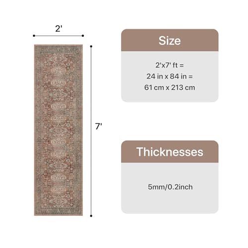 Bavni Washable Runner Rug 2x7, Non Slip Long Hallway Rug, Vintage Print Low Pile Ultra Thin Washable Carpet for Kitchen Bedroom, Brick - color: Brick, size: 2' x 7' (Rectangular)