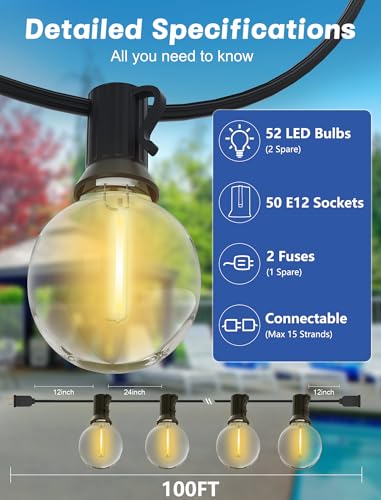 SUNSGNE 100Ft LED Outdoor String Lights - G40 Globe String Lights Waterproof Shatterproof with 52 Dimmable LED Bulbs for Room Party Bistro Pergola Tents, Black Wire - color: Warm White-Black, size: 100FT