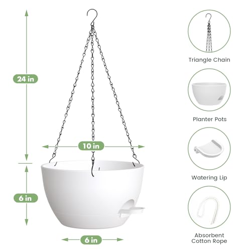 3 Pack 10 Hanging Flower Pots with Chains Self Watering Plastic Planters for Indoor Outdoor Plants, Sturdy Triangular Iron Chain Design for Garden PorchPlastic Hanging Flower pots (3, White) - color: White