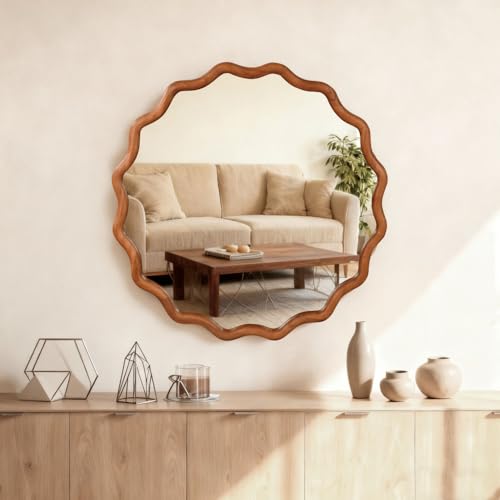 30" Wavy Round Wall Mirror with Solid Wood Frame, Country Irregular Decorative Mirror for Bathroom, Bedroom, Living Room & Entryway, HD Tempered Glass, No Distortion Vanity Mirror (Brown, 30") - color: Brown, size: 30"L x 30"W