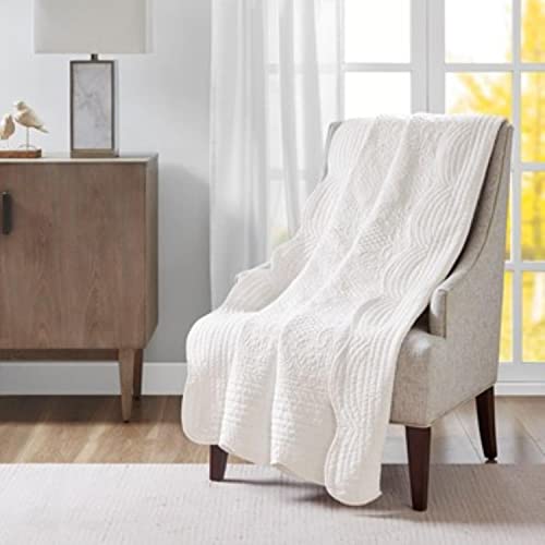Madison Park Luxe Quilted Throw Blanket - Damask Stitching Design, Cotton Filled Spread, Ultra Soft, Cozy Bedding for Living Room Couch, Sofa, Bed, 60x72", Scalloped Borders White - color: Scalloped Edges White, size: 60"x72"
