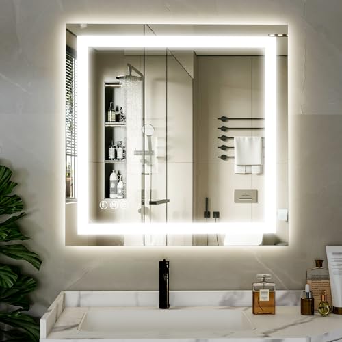 XRAMFY 40"x 40" LED Bathroom Mirror, Backlit + Front Lit, LED Bathroom Mirror with Lights for Wall, 3 Colors, Anti-Fog, Dimmable Brightness, Tempered Glass - size: 40"L x 40"W