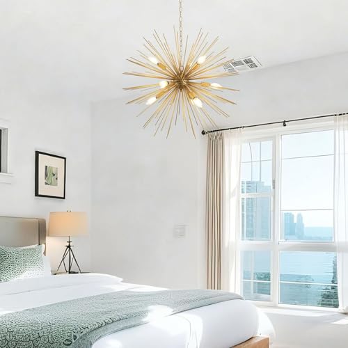 Modern 28.34" Gold Sputnik Chandelier 9-Light Mid-Century Starburst Chandeliers Solid Metal Satellite Firework Urchin Light Fixture for High Ceilings Dining Room Kitchen Living Room, E12 - color: Golden 28.34" 9-Light