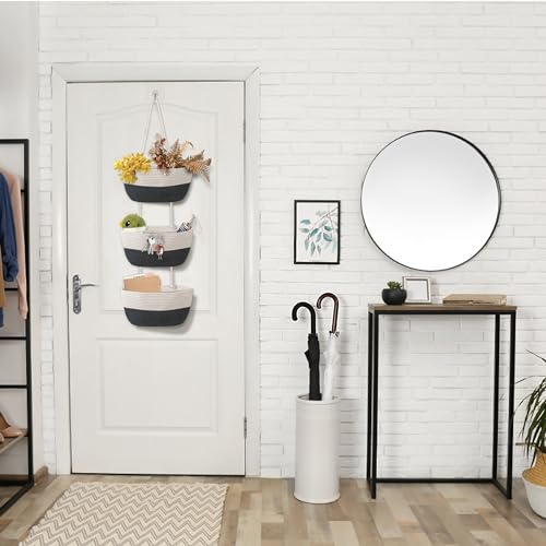 3 Tier Wall Mounted Woven Hanging Basket, Over the Door Hanging Basket with Hooks, Decorative Storage Hanging Closet Removable, Large Wall Basket for Living Room, Bedroom, Kitchen (White) - color: White