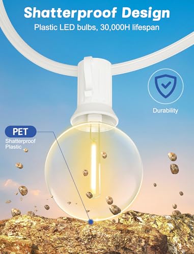 SUNSGNE G40 Globe White String Lights Outdoor - 100FT White Patio Lights with 52 Shatterproof Dimmable LED Bulbs(2 Spare) for Room Party Bistro Pergola Tents Decor - color: Warm White-White, size: 100FT