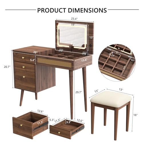 47" Rattan Vanity Table with Mirror and Lights, Brown Makeup Vanity with Storage & 5 Drawers, Boho Vanitys Desk with Shelves for Bedroom, 3 Lighting Modes, Adjustable Brightness (Brown) - color: Brown