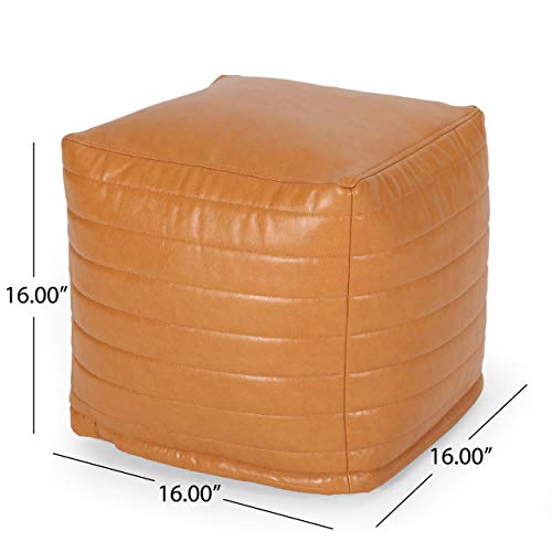 GDFStudio Contemporary Faux Leather Channel Stitch Pouf Ottoman Foot Stool - Bean Bag Floor Chair - Foot Rest Couch for Living Room Bedroom,Caramel Cube,16"" x 16"" x 16"", Conrai,caramel, 314802N - color: Caramel, size: 16"